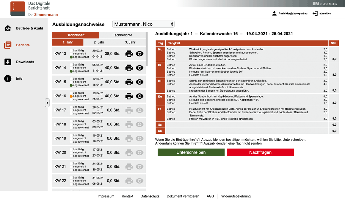 Abbildung des Ausbilder Backends