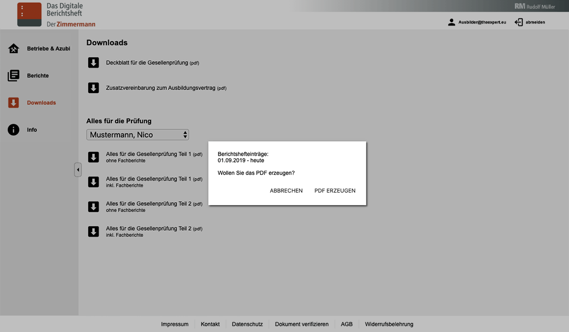 Abbildung des Ausbilder Backends